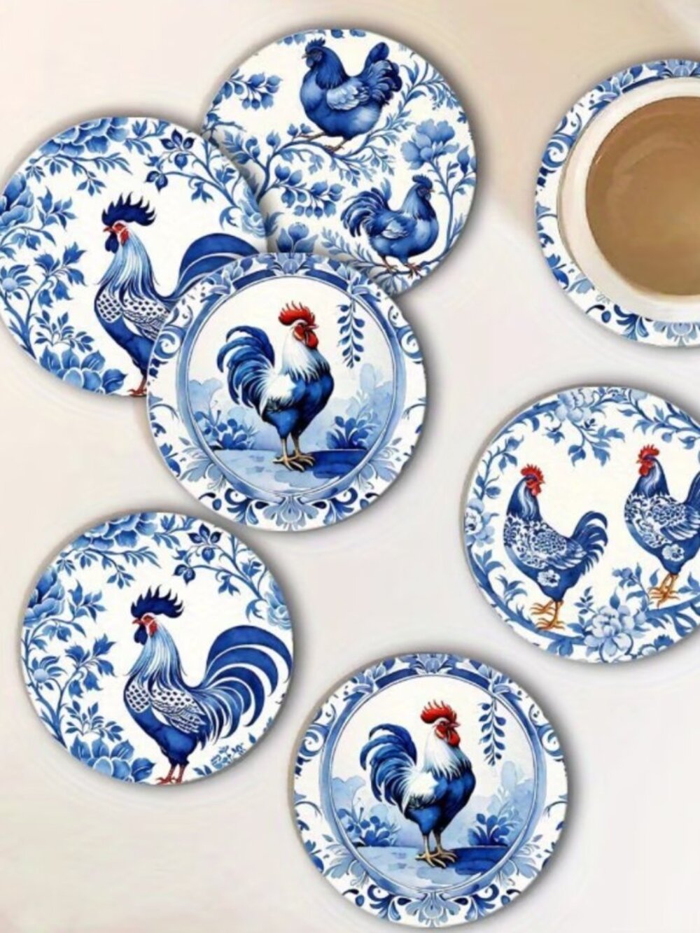 Wood Rooster Coasters in Blue & White Chinoiserie Style 6pcs Cottagecore - Picture 5 of 6